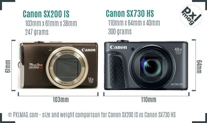 Canon SX200 IS vs Canon SX730 HS size comparison
