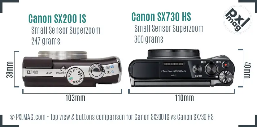Canon SX200 IS vs Canon SX730 HS top view buttons comparison