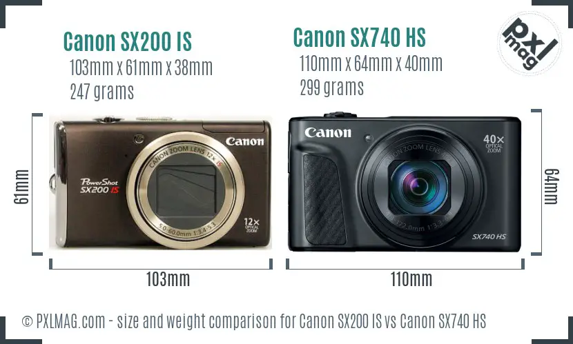 Canon SX200 IS vs Canon SX740 HS size comparison
