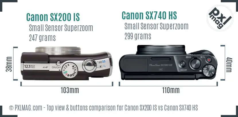 Canon SX200 IS vs Canon SX740 HS top view buttons comparison