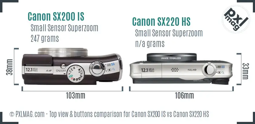 Canon SX200 IS vs Canon SX220 HS top view buttons comparison