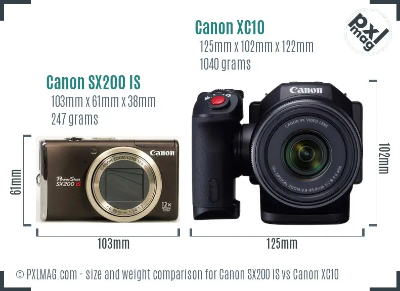 Canon SX200 IS vs Canon XC10 size comparison