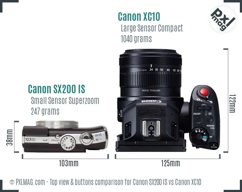 Canon SX200 IS vs Canon XC10 top view buttons comparison