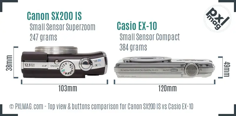 Canon SX200 IS vs Casio EX-10 top view buttons comparison