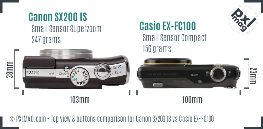 Canon SX200 IS vs Casio EX-FC100 top view buttons comparison