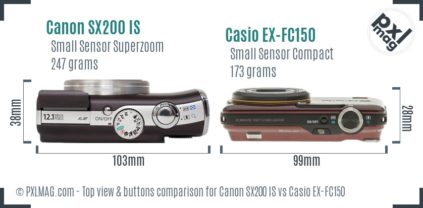 Canon SX200 IS vs Casio EX-FC150 top view buttons comparison