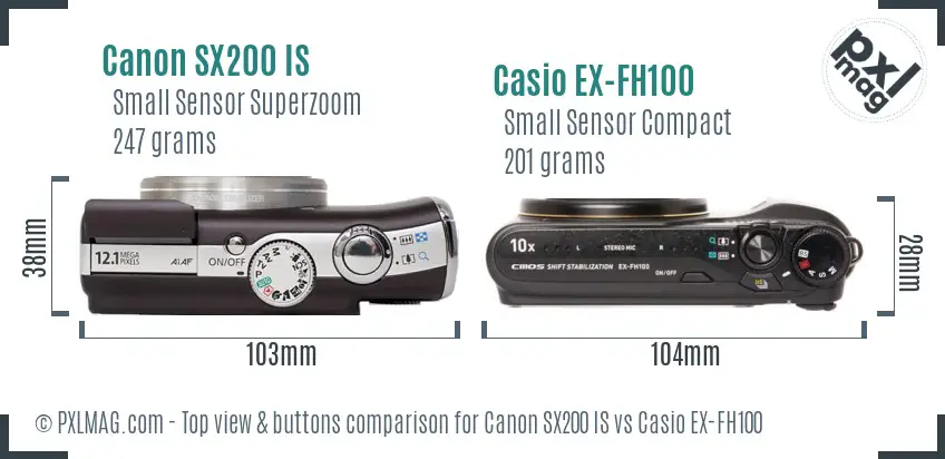 Canon SX200 IS vs Casio EX-FH100 top view buttons comparison