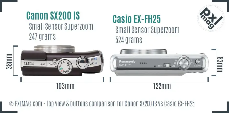 Canon SX200 IS vs Casio EX-FH25 top view buttons comparison