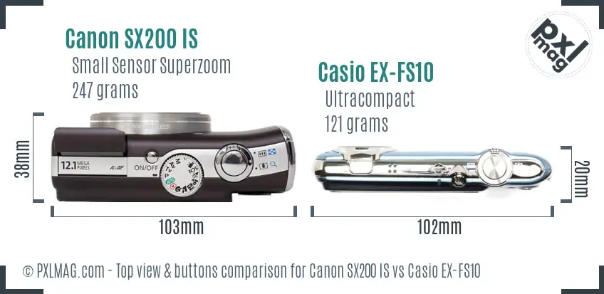 Canon SX200 IS vs Casio EX-FS10 top view buttons comparison