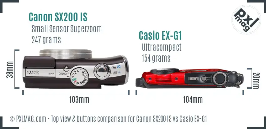 Canon SX200 IS vs Casio EX-G1 top view buttons comparison
