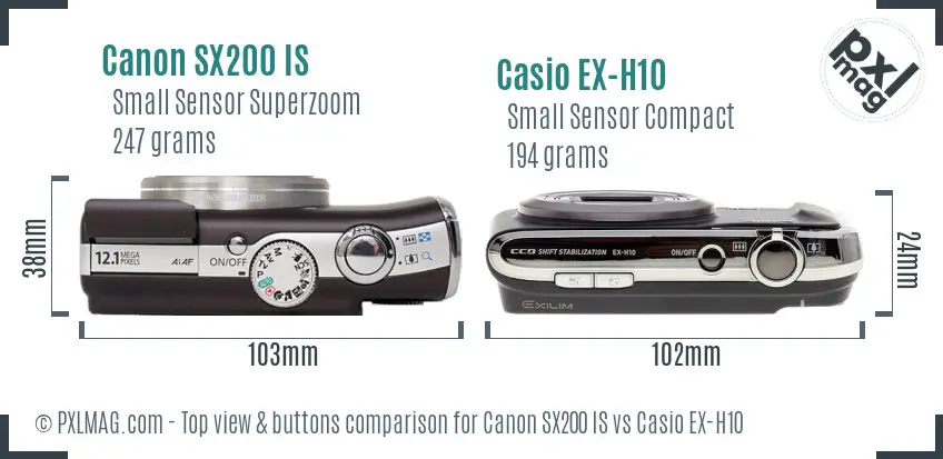 Canon SX200 IS vs Casio EX-H10 top view buttons comparison