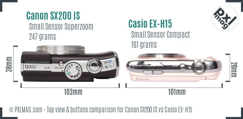 Canon SX200 IS vs Casio EX-H15 top view buttons comparison Canon SX200 IS vs Casio EX-H15 top view buttons comparison