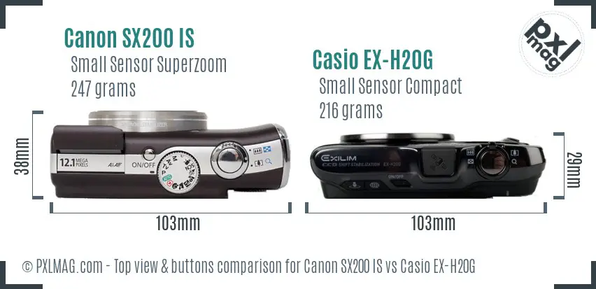 Canon SX200 IS vs Casio EX-H20G top view buttons comparison