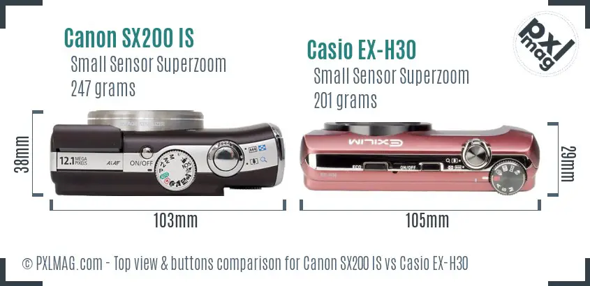 Canon SX200 IS vs Casio EX-H30 top view buttons comparison