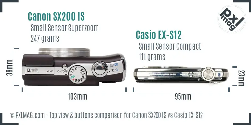 Canon SX200 IS vs Casio EX-S12 top view buttons comparison