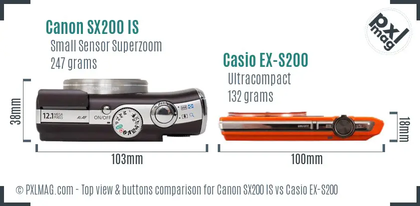 Canon SX200 IS vs Casio EX-S200 top view buttons comparison Canon SX200 IS vs Casio EX-S200 top view buttons comparison