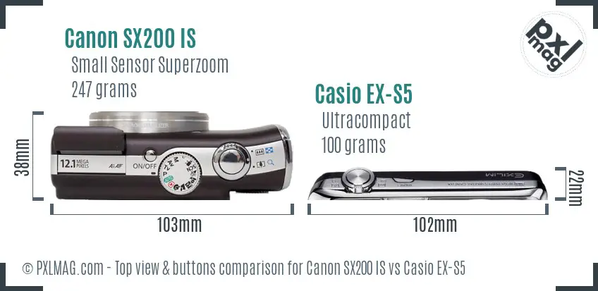 Canon SX200 IS vs Casio EX-S5 top view buttons comparison