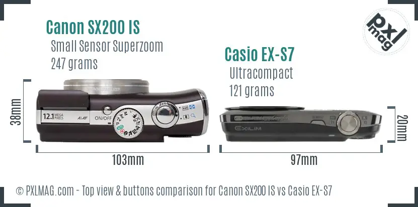 Canon SX200 IS vs Casio EX-S7 top view buttons comparison