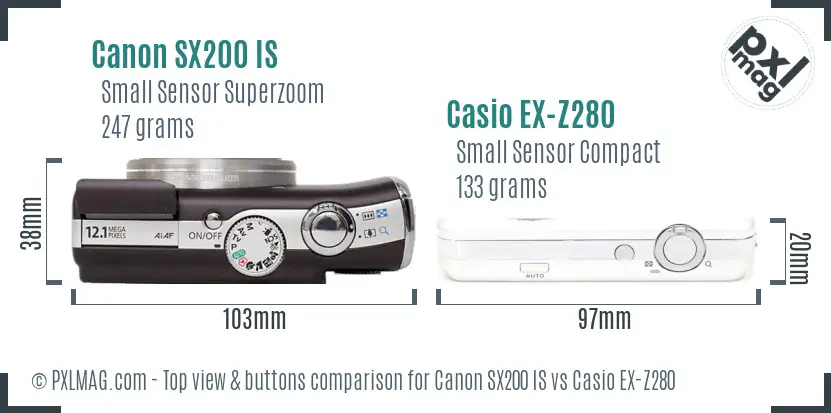 Canon SX200 IS vs Casio EX-Z280 top view buttons comparison