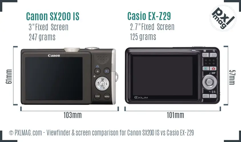 Canon SX200 IS vs Casio EX-Z29 Screen and Viewfinder comparison