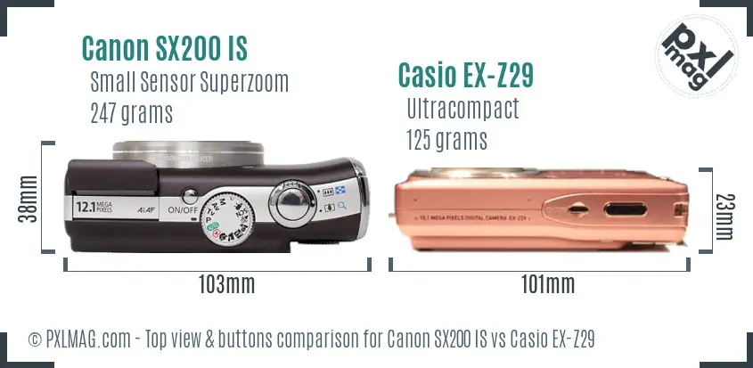 Canon SX200 IS vs Casio EX-Z29 top view buttons comparison