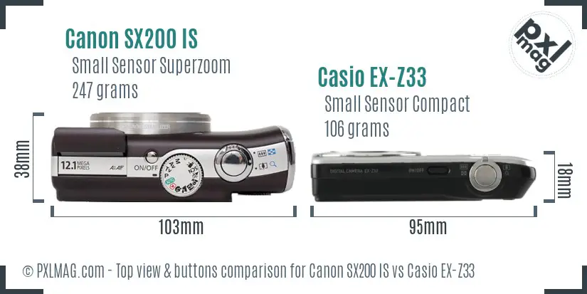 Canon SX200 IS vs Casio EX-Z33 top view buttons comparison