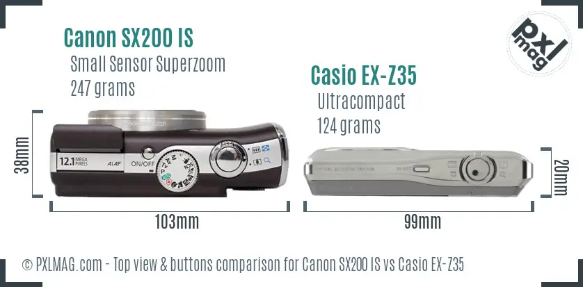 Canon SX200 IS vs Casio EX-Z35 top view buttons comparison Canon SX200 IS vs Casio EX-Z35 top view buttons comparison