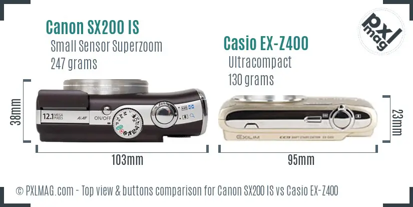 Canon SX200 IS vs Casio EX-Z400 top view buttons comparison