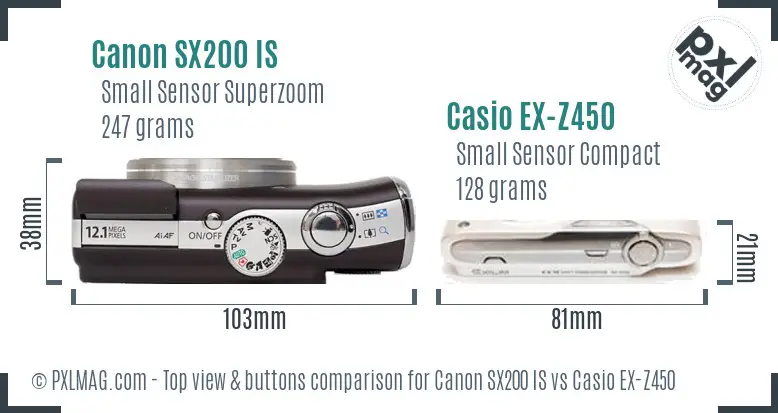 Canon SX200 IS vs Casio EX-Z450 top view buttons comparison