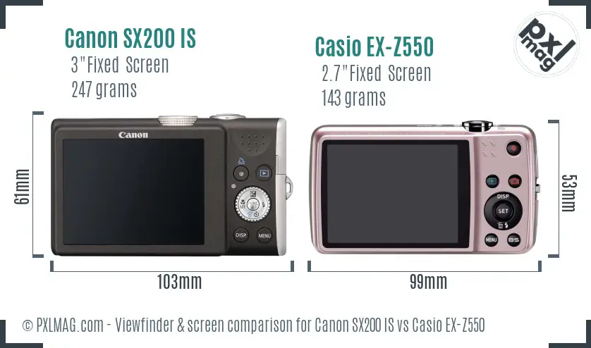 Canon SX200 IS vs Casio EX-Z550 Screen and Viewfinder comparison