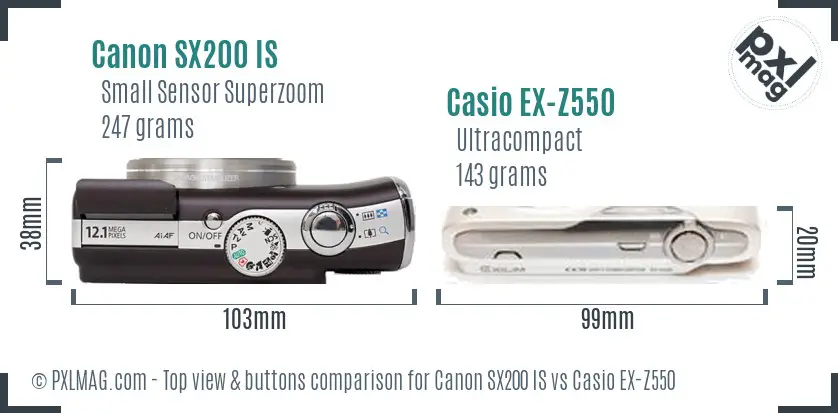 Canon SX200 IS vs Casio EX-Z550 top view buttons comparison