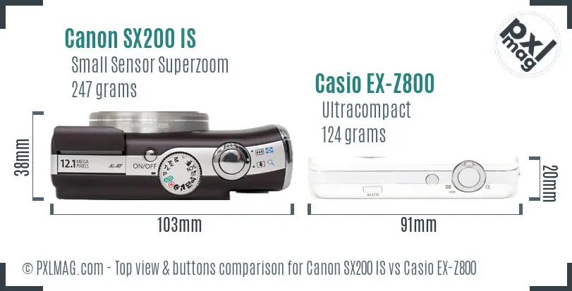 Canon SX200 IS vs Casio EX-Z800 top view buttons comparison