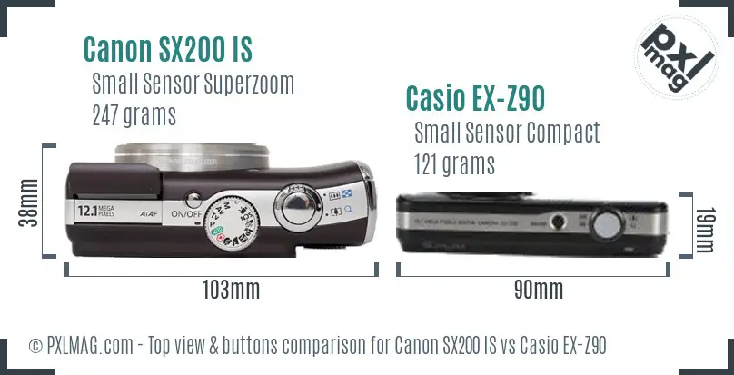 Canon SX200 IS vs Casio EX-Z90 top view buttons comparison