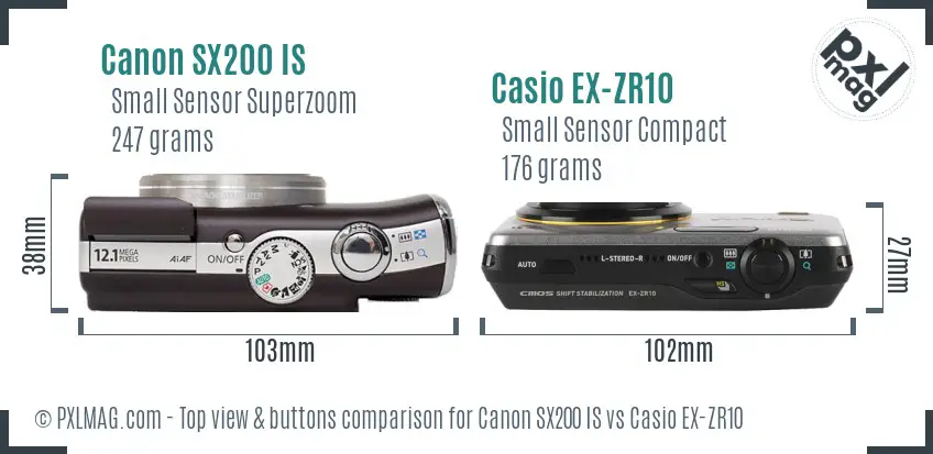Canon SX200 IS vs Casio EX-ZR10 top view buttons comparison