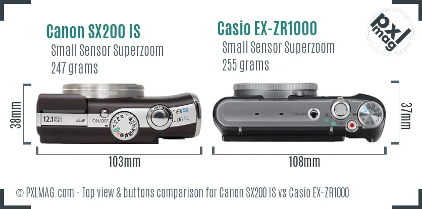 Canon SX200 IS vs Casio EX-ZR1000 top view buttons comparison