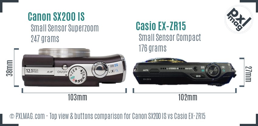 Canon SX200 IS vs Casio EX-ZR15 top view buttons comparison