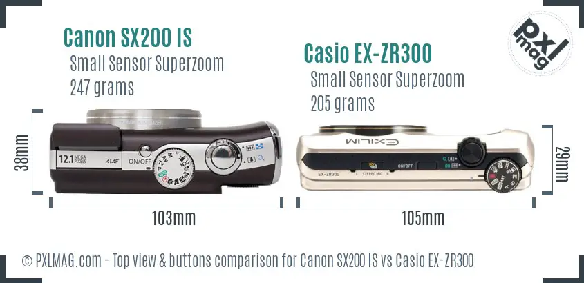 Canon SX200 IS vs Casio EX-ZR300 top view buttons comparison