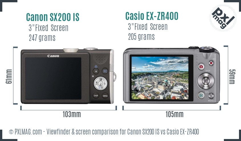 Canon SX200 IS vs Casio EX-ZR400 Screen and Viewfinder comparison