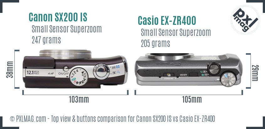 Canon SX200 IS vs Casio EX-ZR400 top view buttons comparison