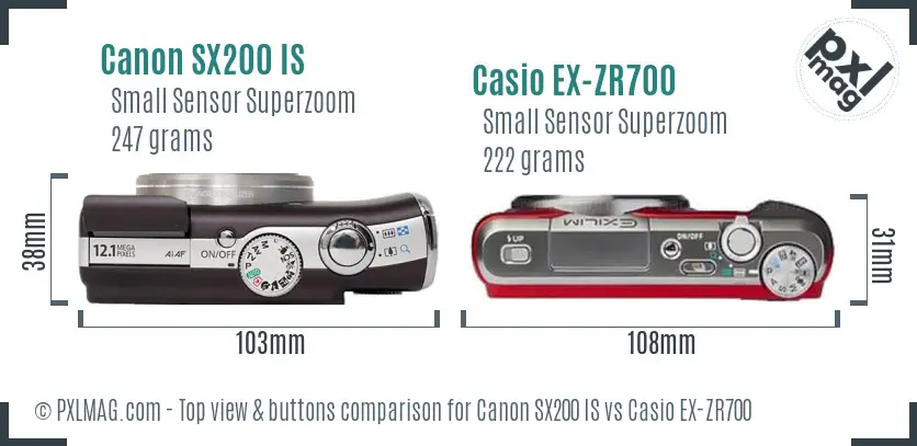 Canon SX200 IS vs Casio EX-ZR700 top view buttons comparison