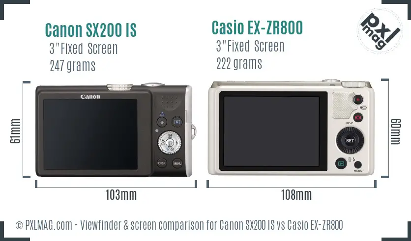 Canon SX200 IS vs Casio EX-ZR800 Screen and Viewfinder comparison
