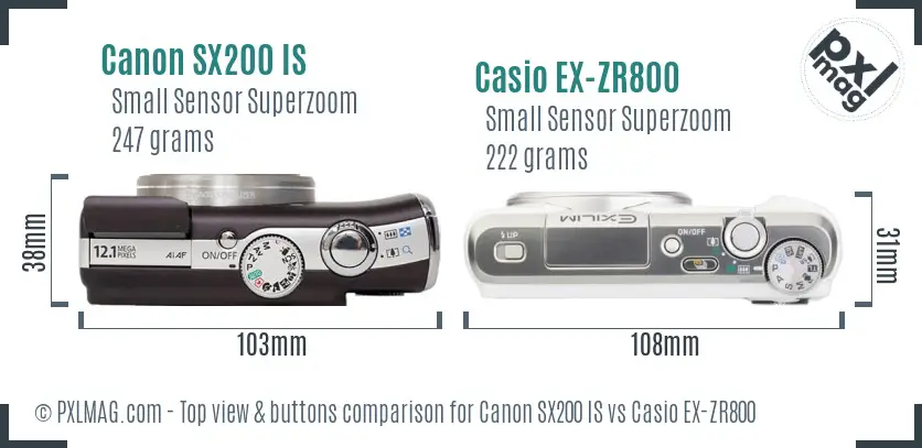 Canon SX200 IS vs Casio EX-ZR800 top view buttons comparison