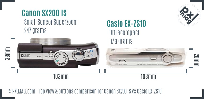 Canon SX200 IS vs Casio EX-ZS10 top view buttons comparison