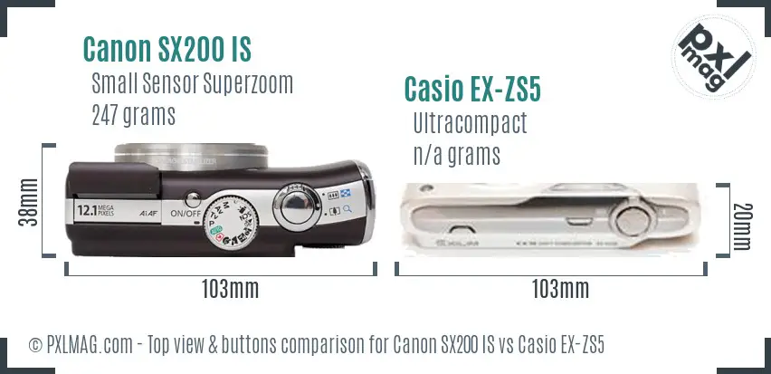 Canon SX200 IS vs Casio EX-ZS5 top view buttons comparison