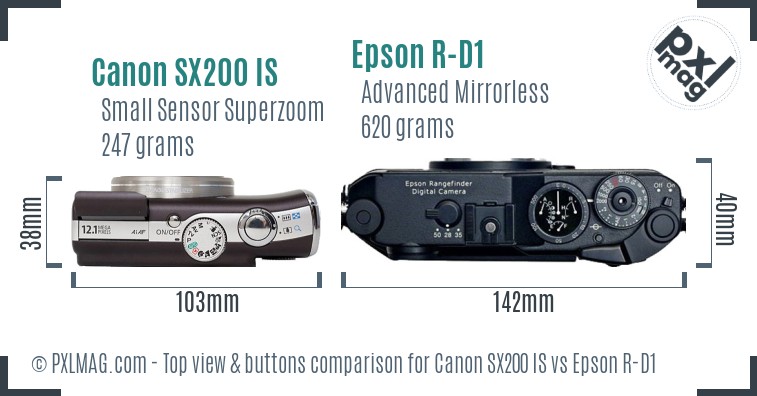 Canon SX200 IS vs Epson R-D1 top view buttons comparison