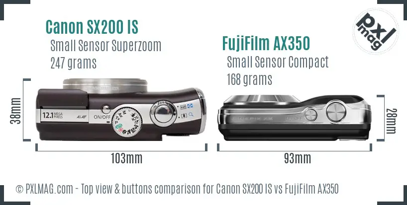 Canon SX200 IS vs FujiFilm AX350 top view buttons comparison