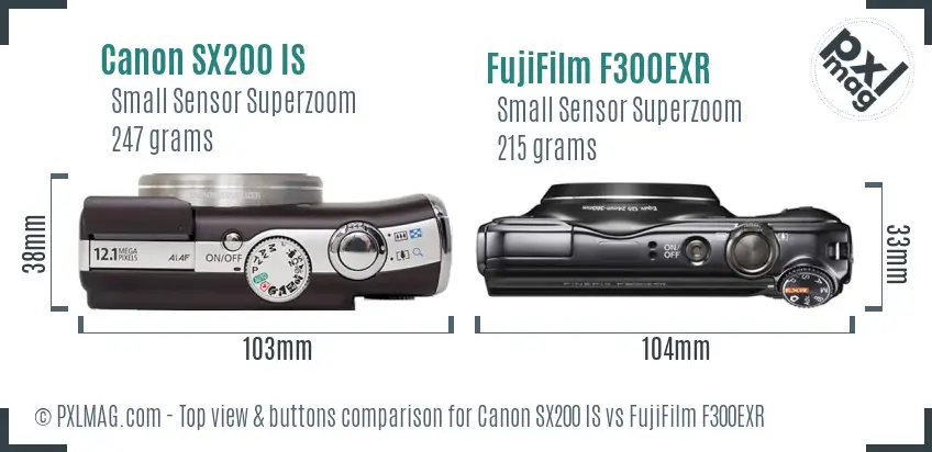 Canon SX200 IS vs FujiFilm F300EXR top view buttons comparison