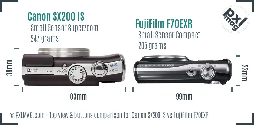 Canon SX200 IS vs FujiFilm F70EXR top view buttons comparison