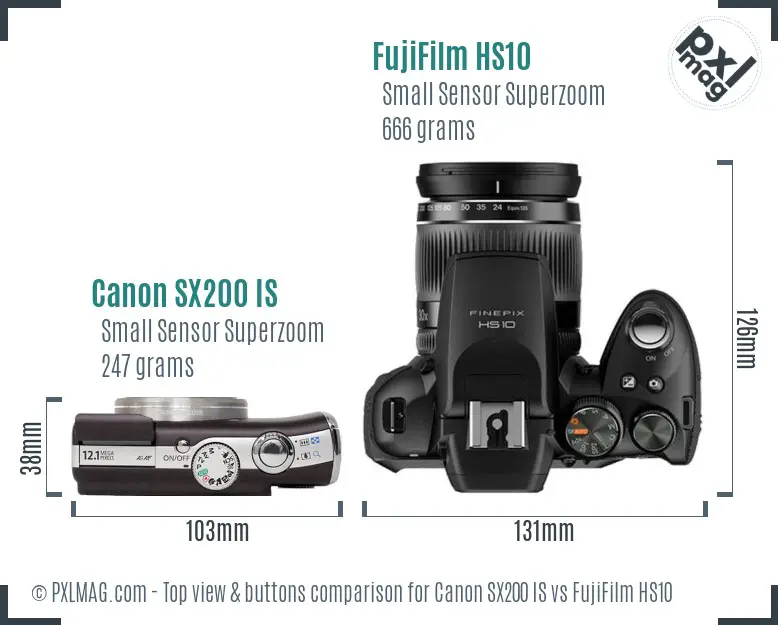 Canon SX200 IS vs FujiFilm HS10 top view buttons comparison Canon SX200 IS vs FujiFilm HS10 top view buttons comparison