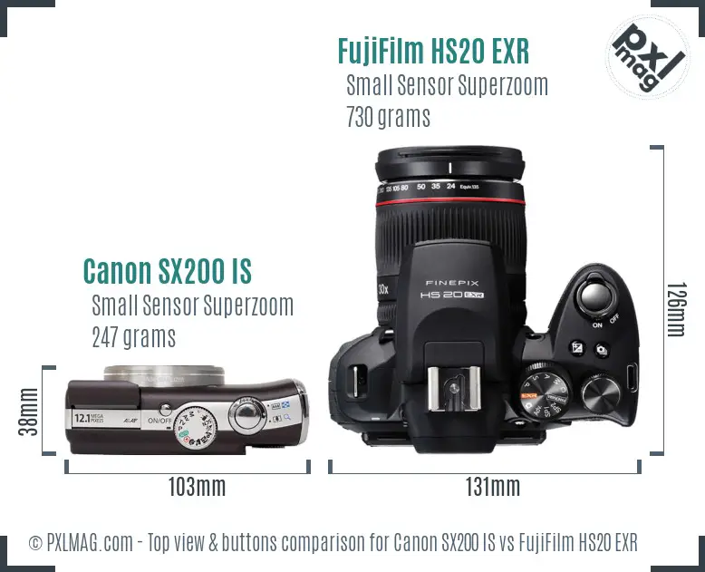 Canon SX200 IS vs FujiFilm HS20 EXR top view buttons comparison